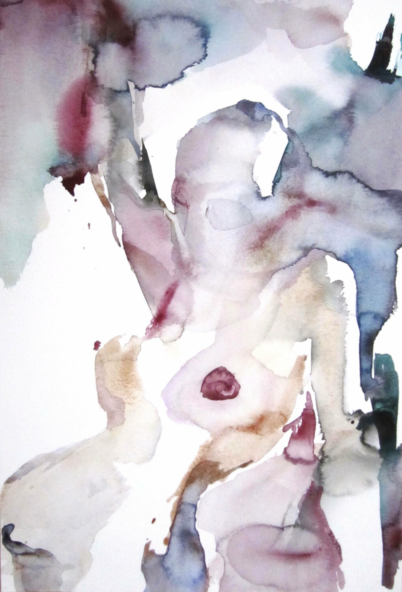 Sylvia Baldeva's "Fragmentation" zeigt ein Aquarell, semi-abstraktes gemaltes Gemälde. Akt, Körper, Frau, figurative Abstraktion  Aquarell auf Canson®-Papier 