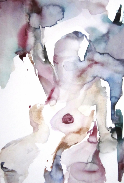 La "Fragmentation" de Sylvia Baldeva montre une aquarelle, peinture semi-abstraite. Nu, corps, femme, abstraction figurative Aquarelle sur papier Canson®.