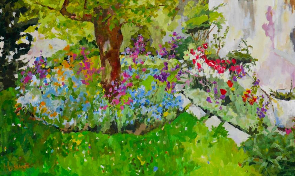 Miriam Montenegro Expressionist Painting Grass with Tree and Flowers