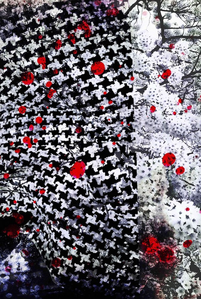 Delia Dickmann abstrakte Fotografie Kirschblüten Bäume Überlagerung schwarz weiß Stoffmuster  und rote Kreise