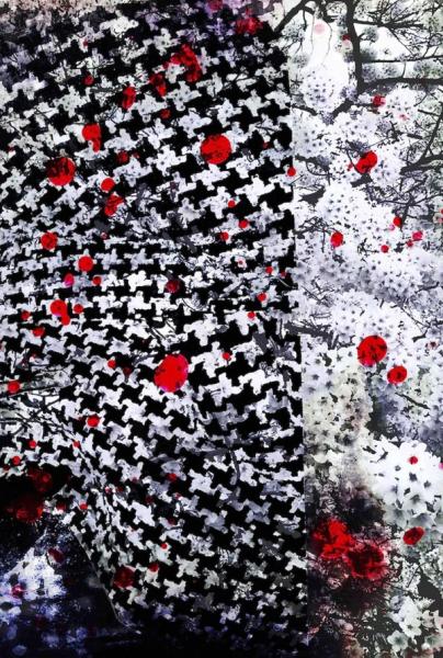 Delia Dickmann abstract photography cherry blossom trees overlay black white fabric pattern and red circles