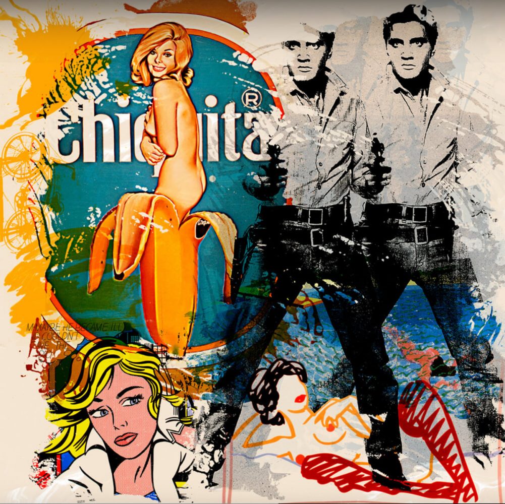 Jürgen Kuhl collage abstracto pigmento impresión Elvis Presley con revólver pop art mujer Chiquita plátano