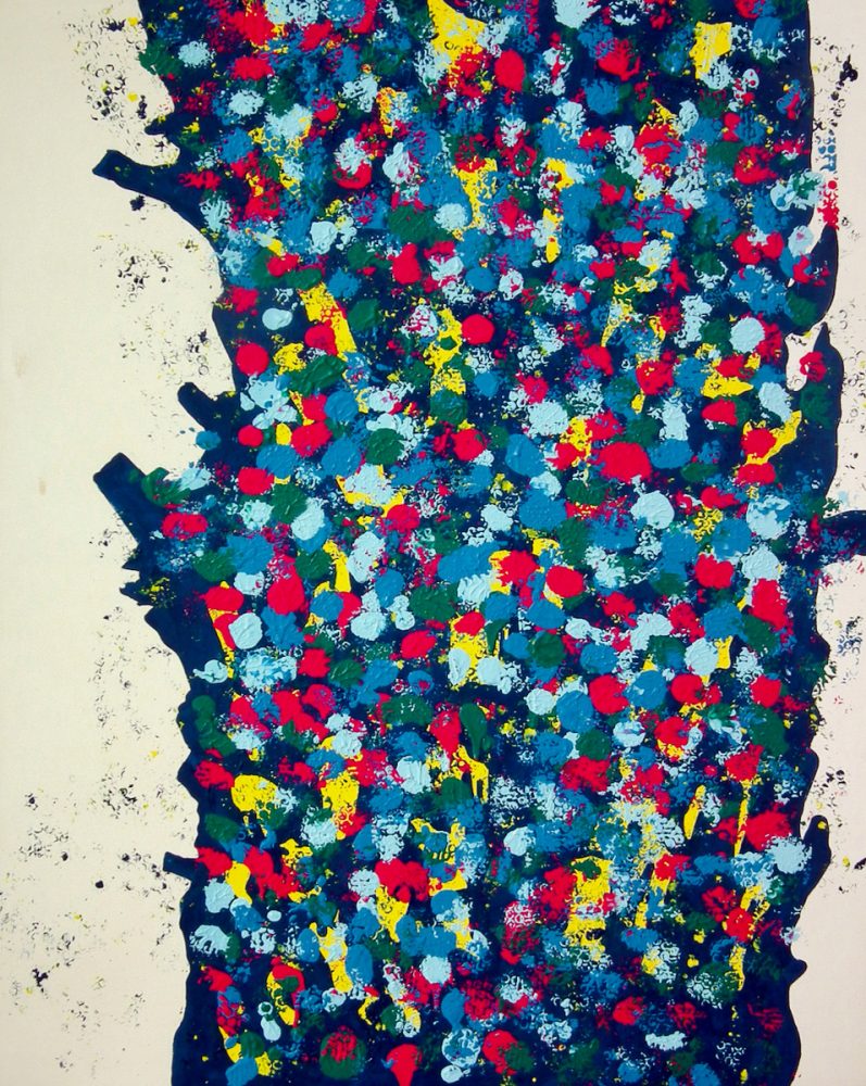 罗尼-卡梅伦的抽象画，点缀着蓝色黄色红色的米色背景