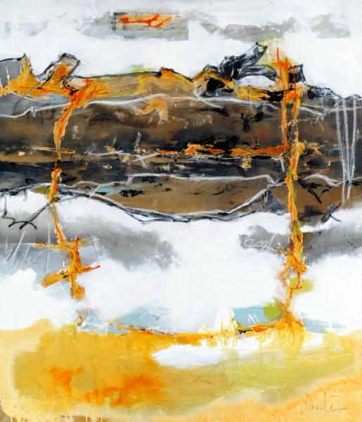 Martina Chardin abstrakte Malerei weißer Hintergrund mit braunen und gelben Flächen 