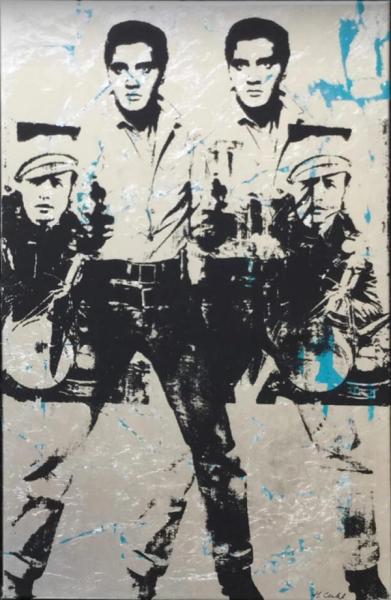 Jürgen Kuhl silkscreen illustration Elvis Presley with revolver and Marlon Brando