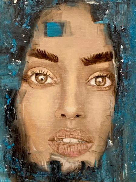 Elena Panknin painting naturalistic closeup portrait of a woman with dark eyebrows surrounded by blue