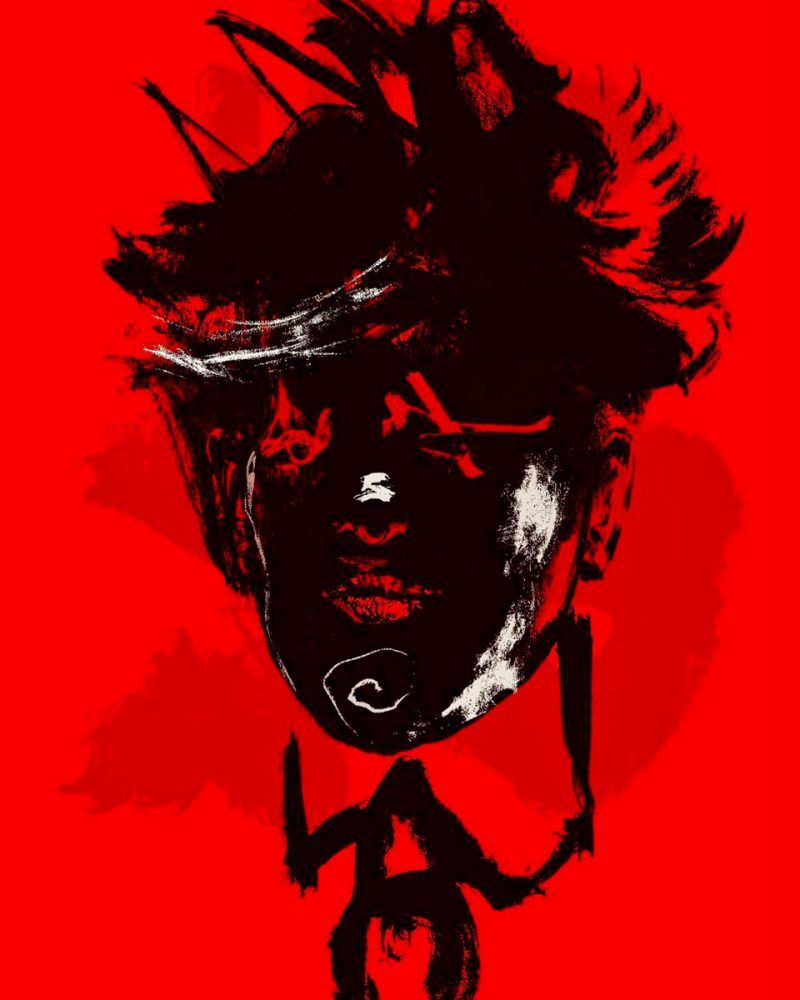 Zoko digital drawing abstract head in black with red background