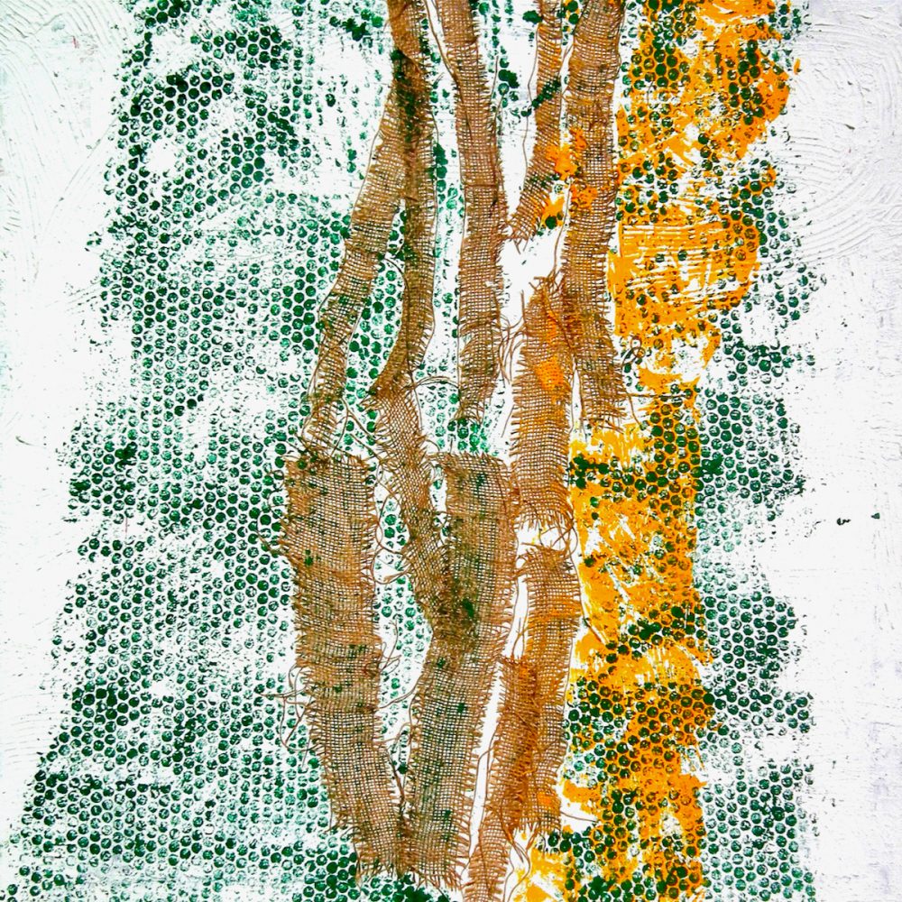 罗尼-卡梅伦抽象画打印气垫铝箔，绿色和黄色的条纹