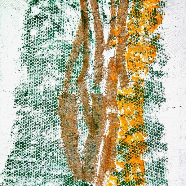 Ronny Cameron abstrakte Malerei Abdruck Luftpolster Folie in grün und gelben Streifen