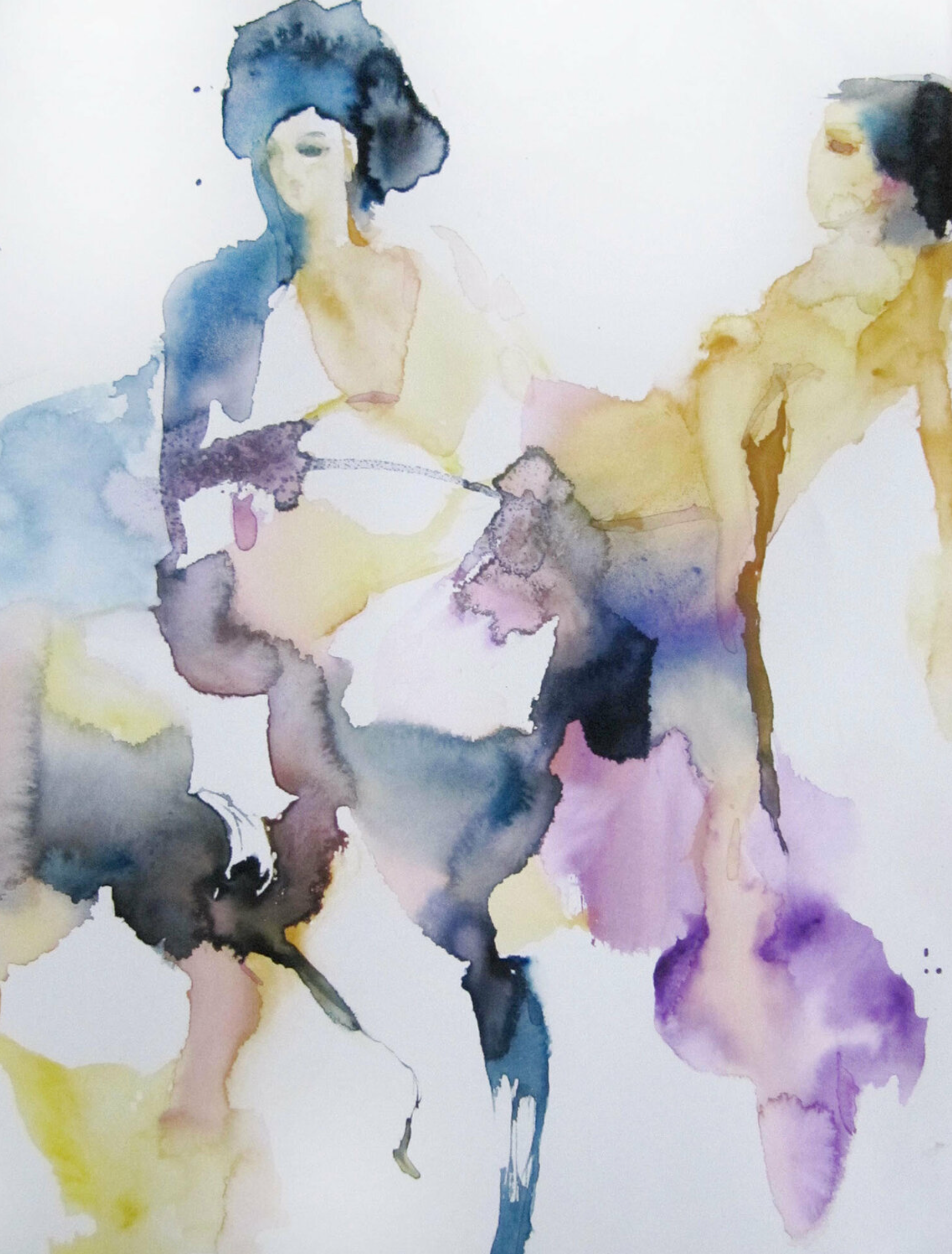 西尔维娅-鲍德瓦的《传送》展示了一幅水彩画，半抽象的绘画。2个女人，诱惑，女性气质，女性身体，表现主义，康森®纸上水彩画