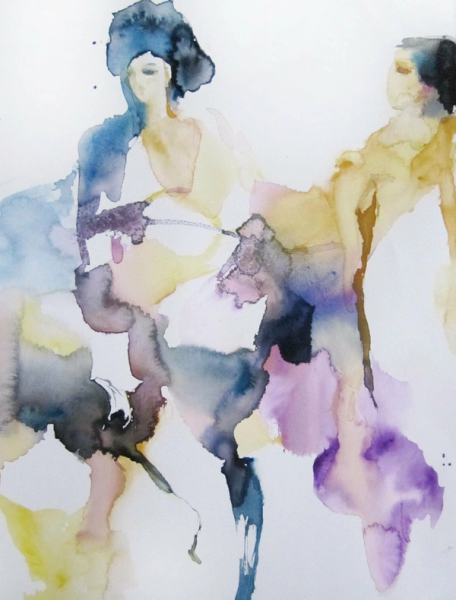 Sylvia Baldeva's "Transmission" zeigt ein Aquarell, semi-abstraktes gemaltes Gemälde. 2 Frauen, Verführung, Weiblichkeit, weiblicher Körper, Expressionismus, Aquarell auf Canson®-Papier