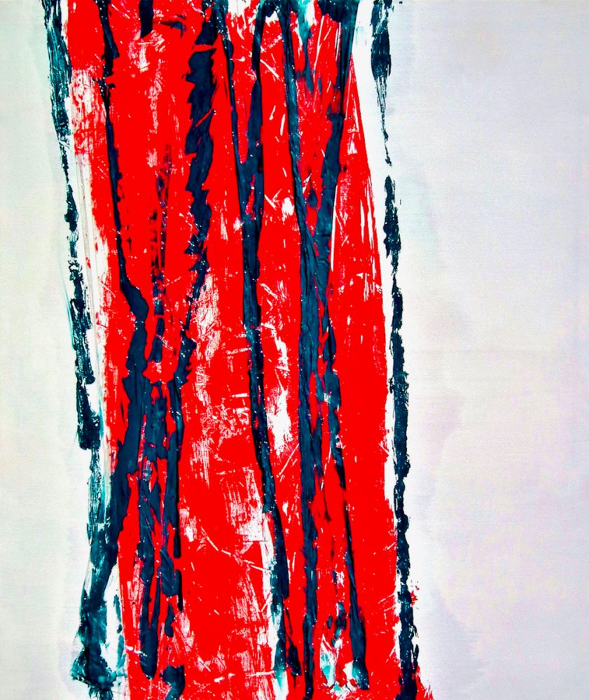 Ronny Cameron pintura abstracta pincelada roja con rayas azules vertical