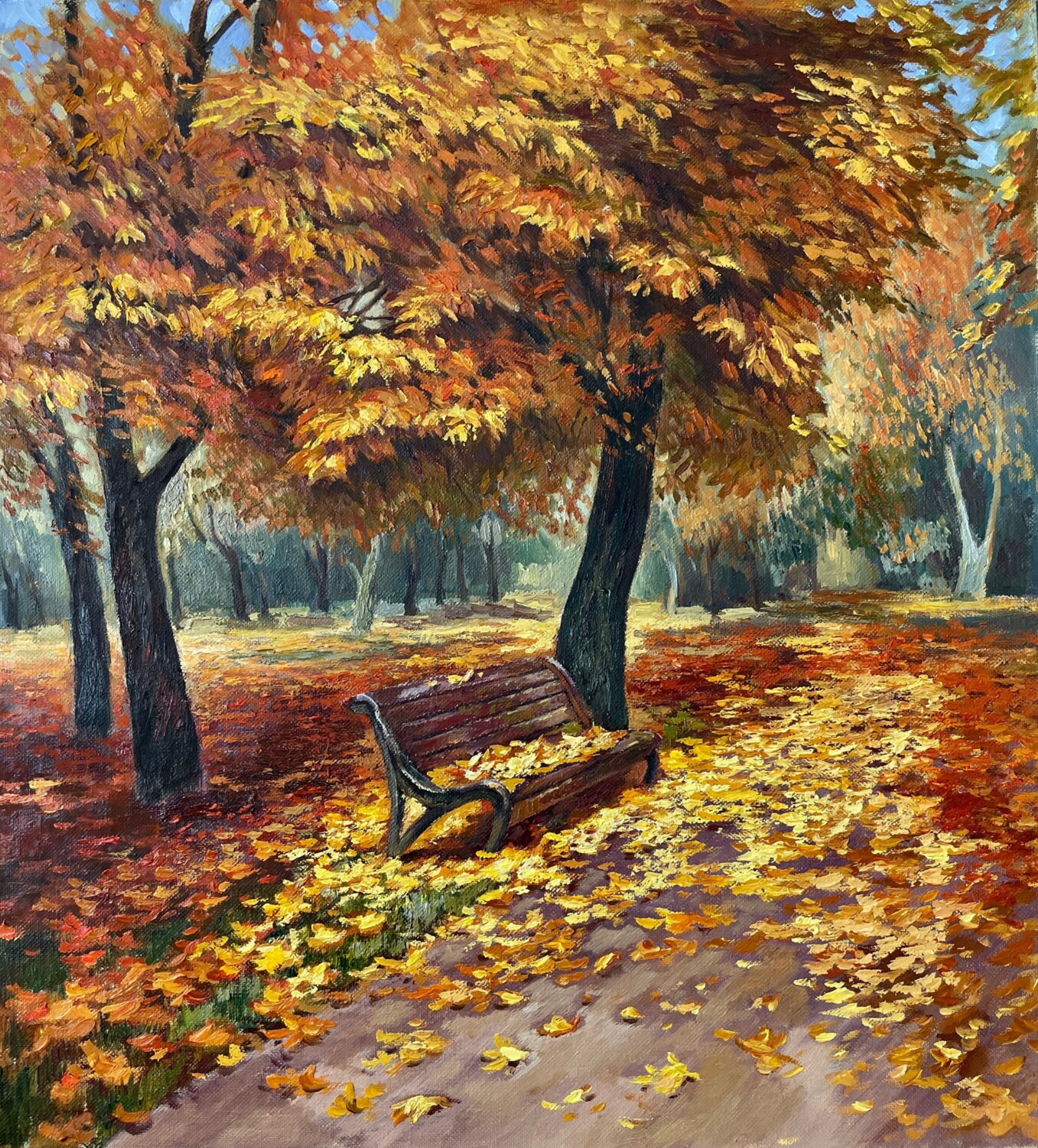 安娜-雷兹尼科娃的 "落叶 "画展示了一个美妙的秋季景观。公园的长椅上有棕色、黄色、红色的奇妙的秋叶。用毛笔在棉布上画的。