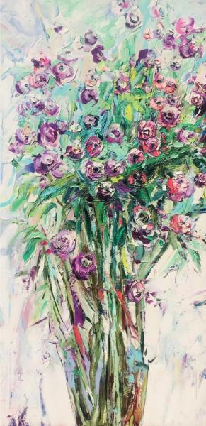 Svitlana Andriichenko ist eine Ukraine/Deutsche Malerei-Künstlerin. "Life is Born" ist ein abstraktes buntes Blumenbild. 