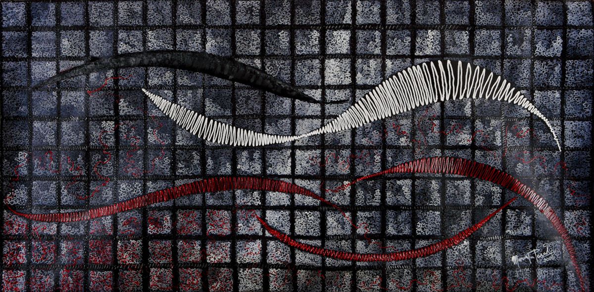 Maria Pia Pascoli cuadro abstracto azulejos grises y líneas bordadas