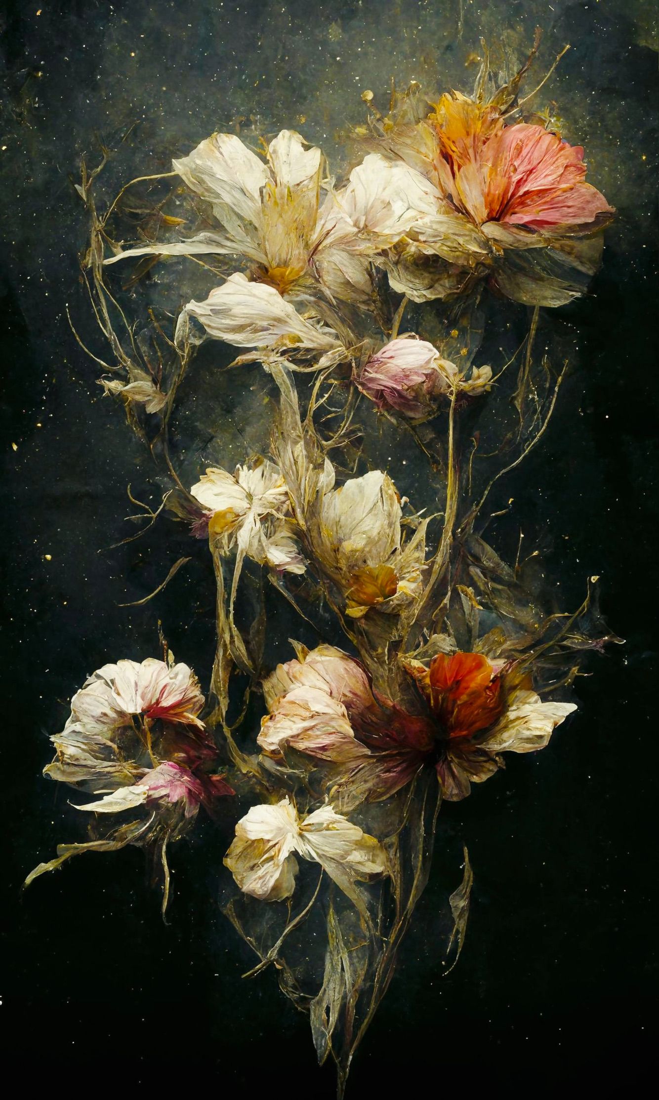 泰斯-阿尔贝斯的超现实主义绘画，黑暗背景上的精致花朵