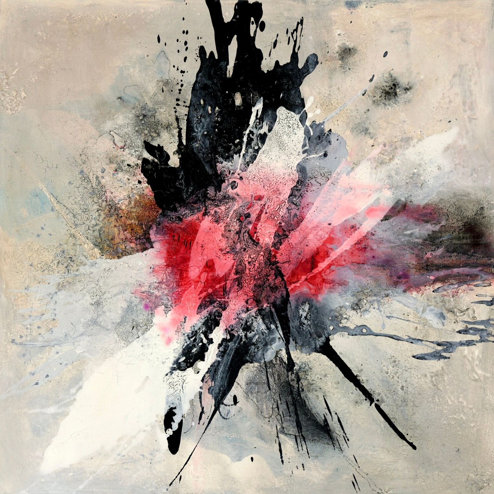 En la pintura expresionista, abstracta y colorista "Explosively 1" de Christa Haack, dominan los colores rojo, ping, negro y blanco, aparentemente explosivos, sobre un fondo gris-rosa asaltado.