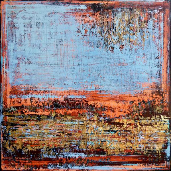 In Inez Froehlich's "BRITTLE CONNECTION" expressionist, abstract, gilded painting, the colours turquoise, green, orange, red, terracotta, copper, gold dominate. The style of the painting is shabby chic, industrial style, vintage, retro, boho, rustic.