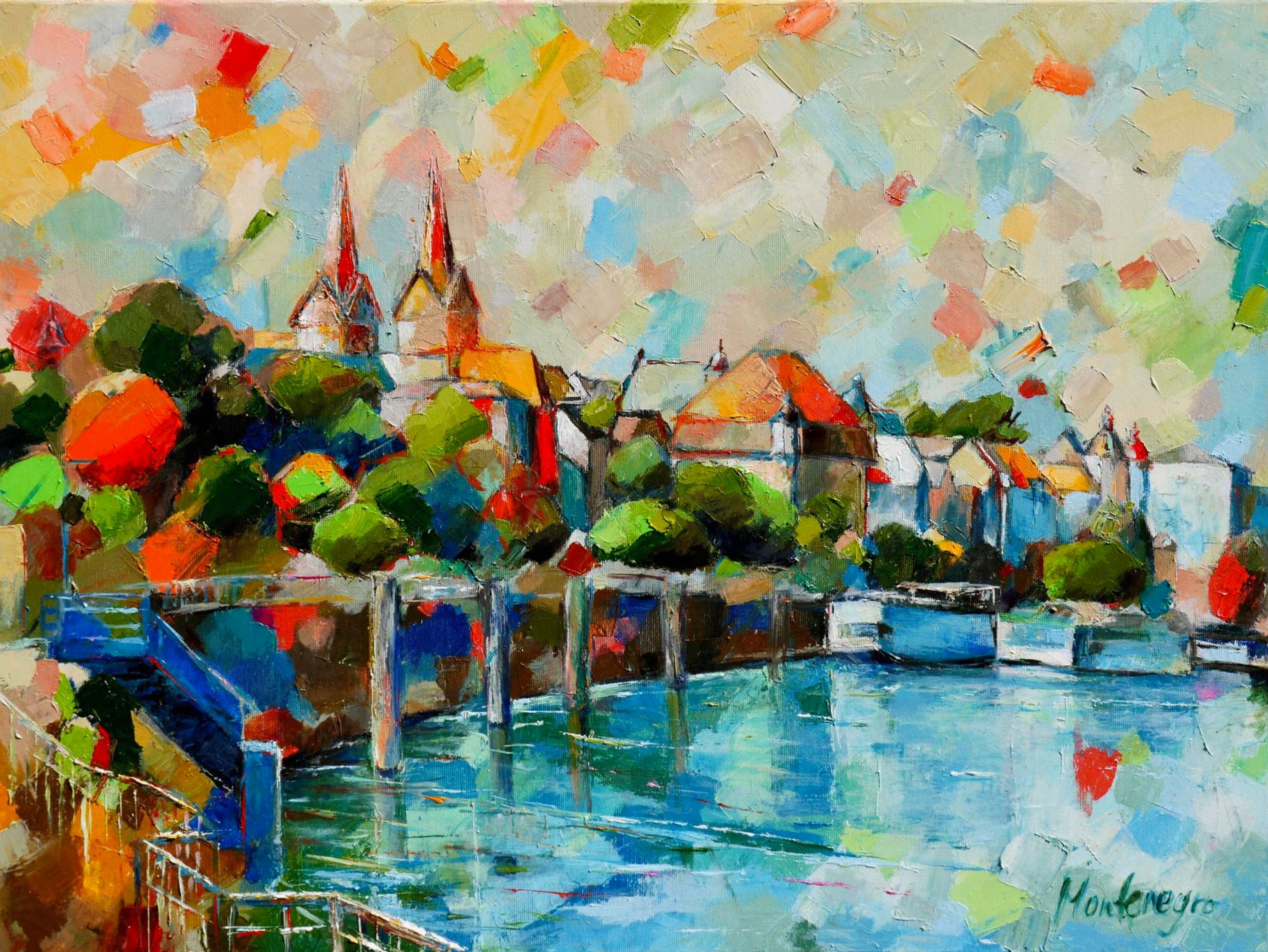 Miriam Montenegro peinture expressionniste ville scène avec des clochers au bord de la rivière