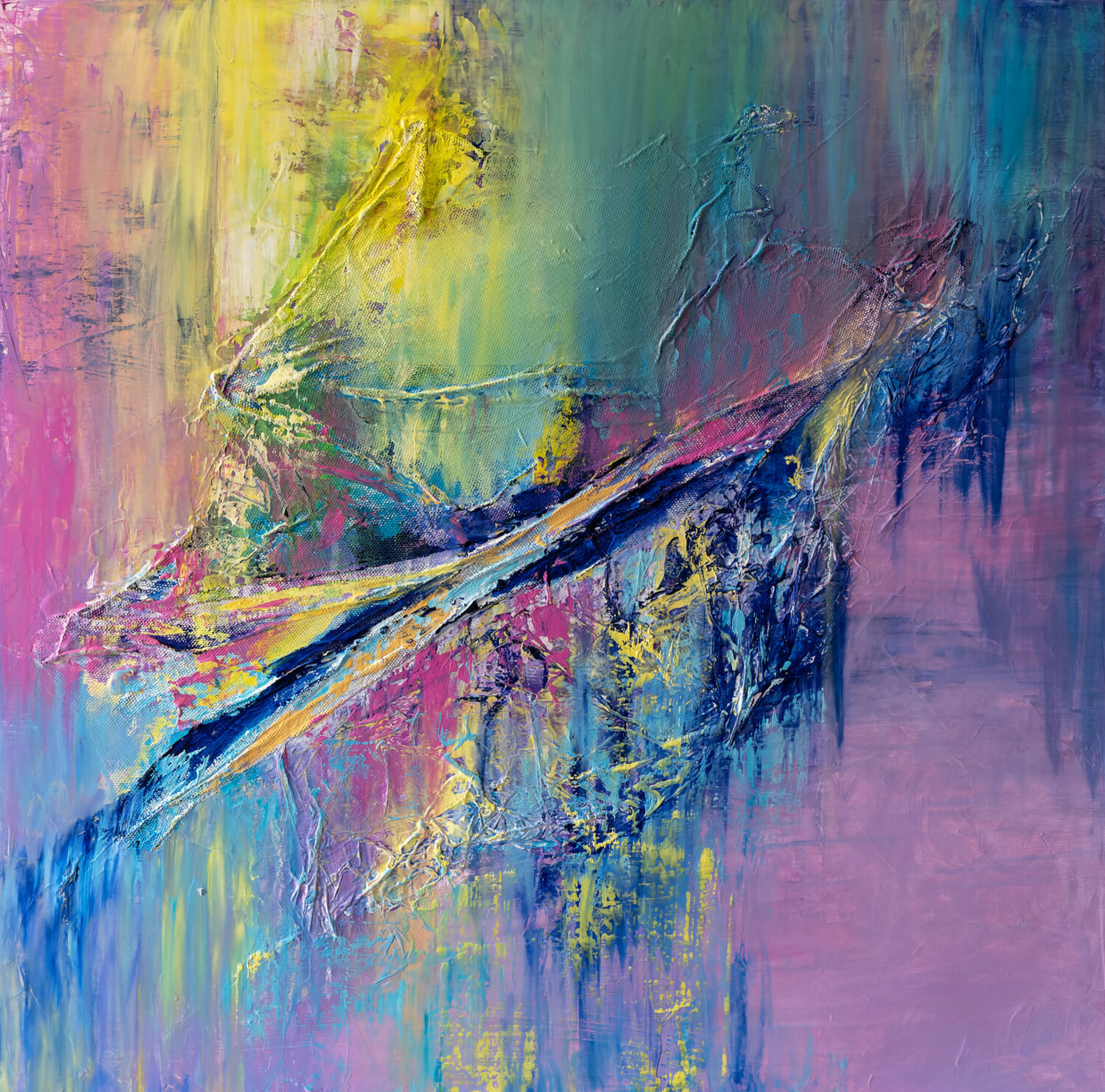 El cuadro abstracto "Apesanteur" de Françoise Dugourd-Caput muestra una abstracción lírica de colores cálidos y suaves, articulada en torno a una diagonal de materia en ingravidez, de ahí el título.