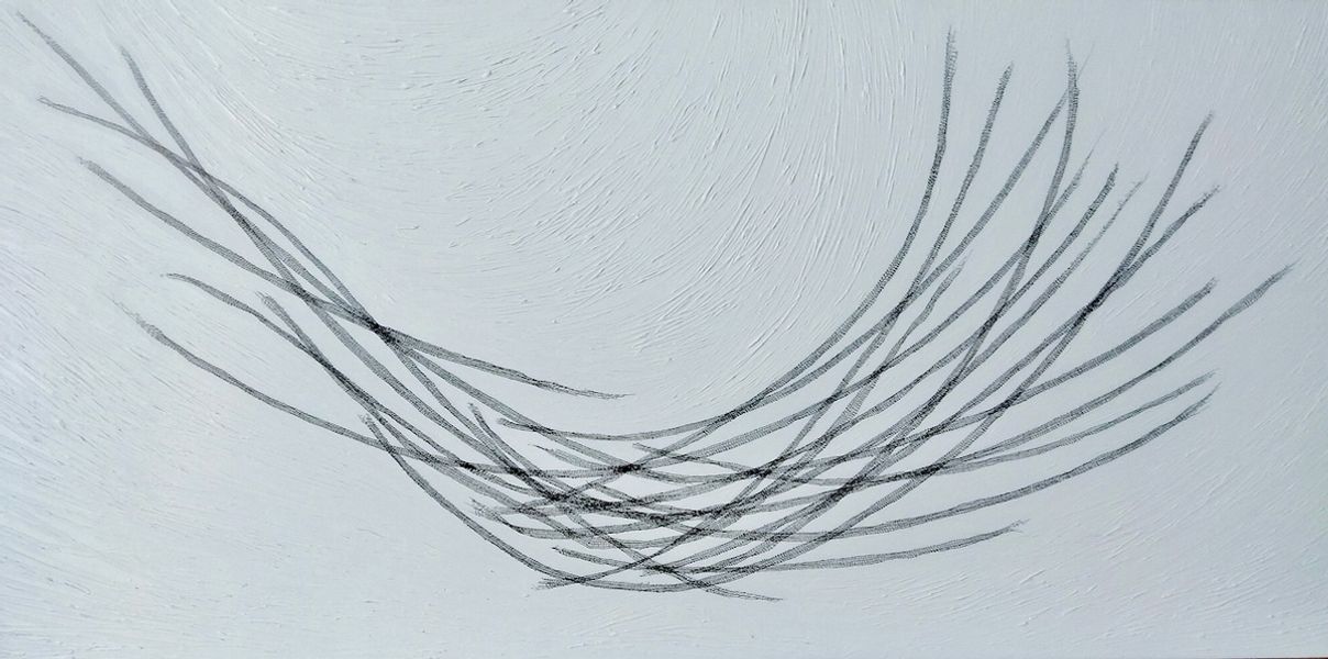 Maria Pia Pascoli abstrakte minimalistische Malerei schwarze Fäden auf weißem Hintergrund