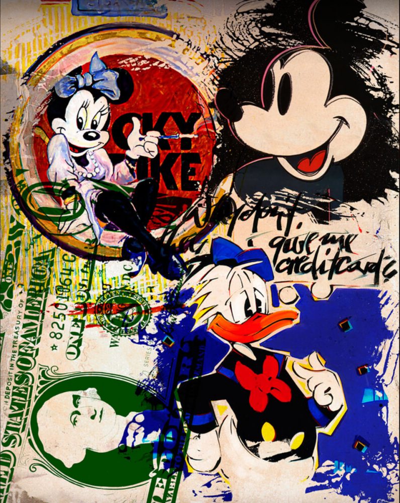 Jürgen Kuhl abstrakte Collage Mickey und Minnie Mouse und Donald Duck mit Lucky Strike Schriftzug und ein Dollar Note