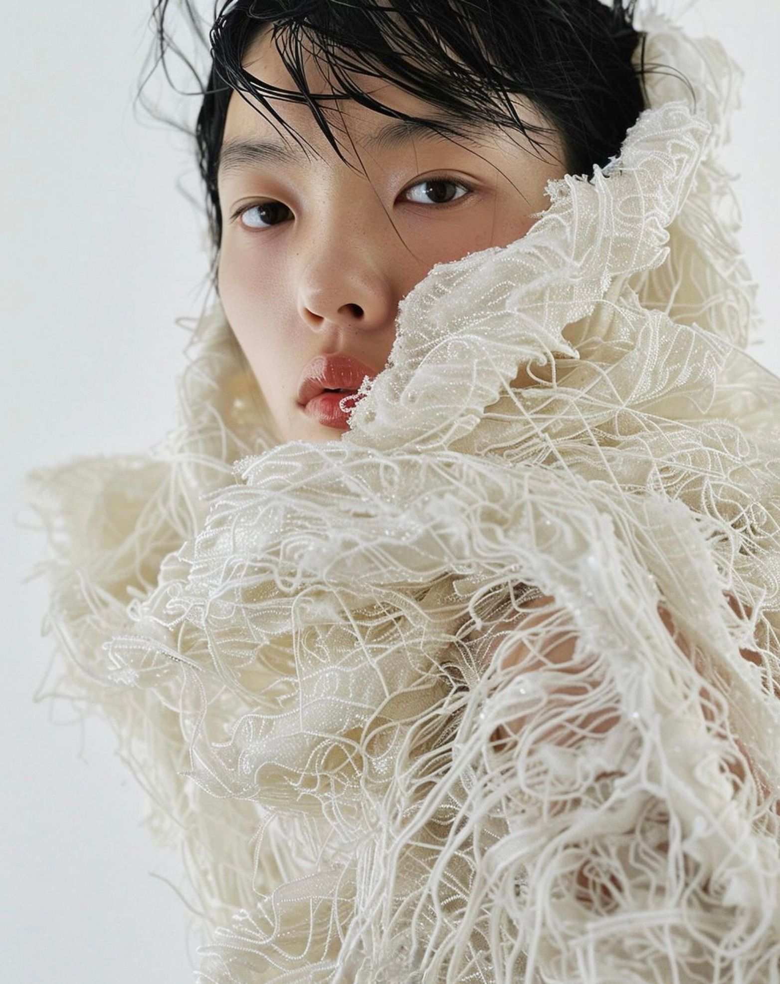 Bonny Carrera's AI-generated portrait image ‘Rice Noodles’ shows a young woman with a rice noodle outfit