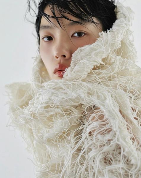 Bonny Carrera's AI-generated portrait image ‘Rice Noodles’ shows a young woman with a rice noodle outfit