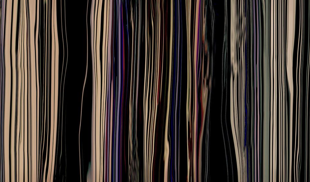 Martina Ziegler abstrakte Malerei vertikale bunte verzerrte Streifen auf schwarzem Hintergrund