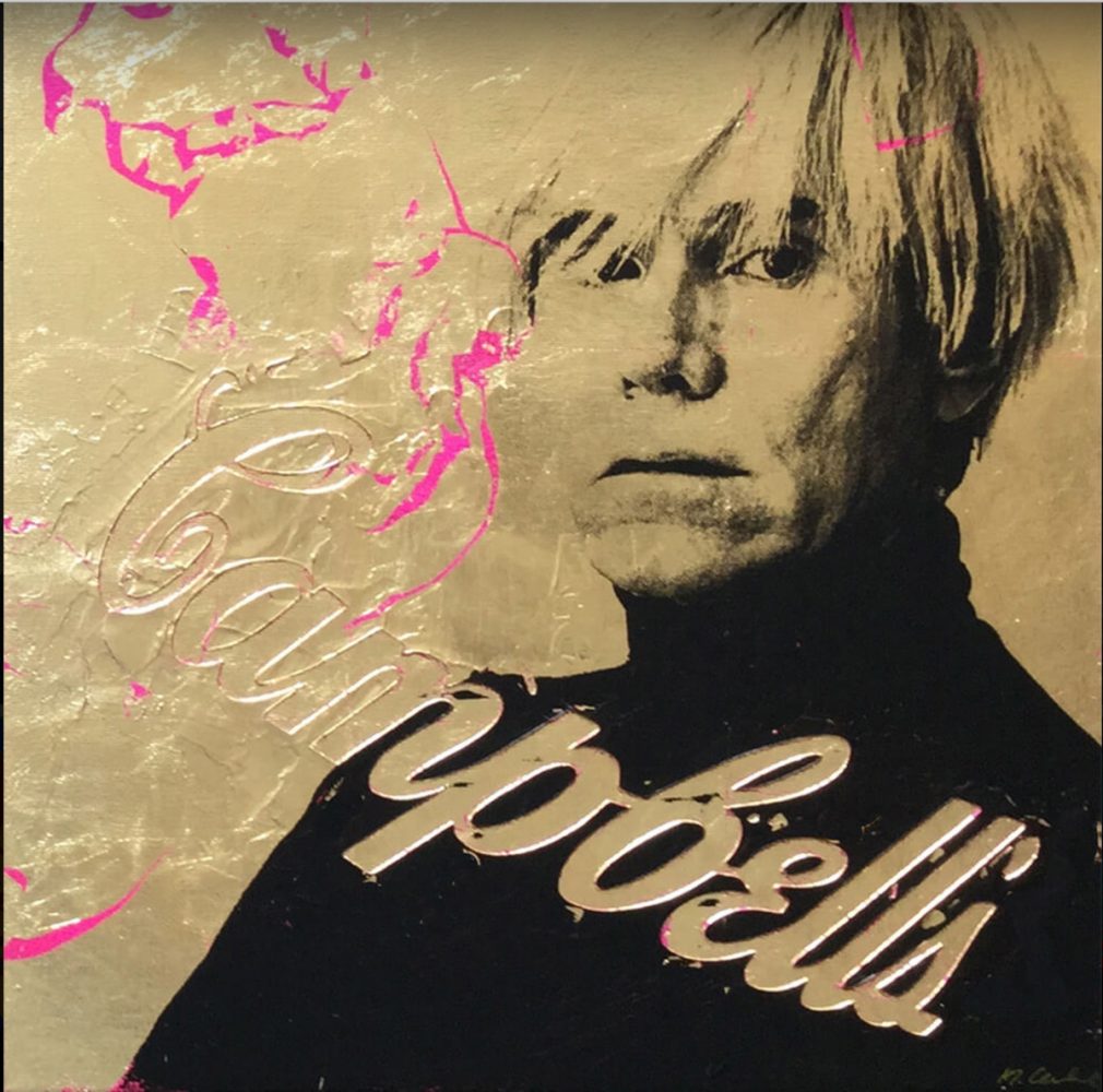 Jürgen Kuhl Malerei Siebdruck Sepia Gold von Andy Warhol und Campbell Schriftzug und lila Pinselstrichen 
