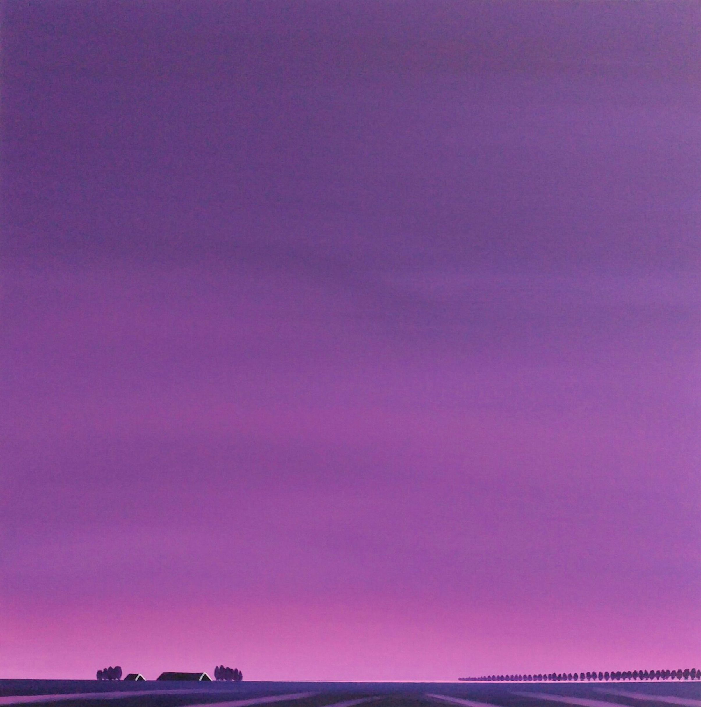 Nelly van Nieuwenhuijzen's "Dageraad, goodbye to the night" Bild zeigt eine Landschaft in Zeeland. Der lila Himmel, ein rosa lila Sonnenaufgang, der sich in den Spuren auf dem Land und den dunklen Dächern widerspiegelt, ist intensiv, fast überwältigend