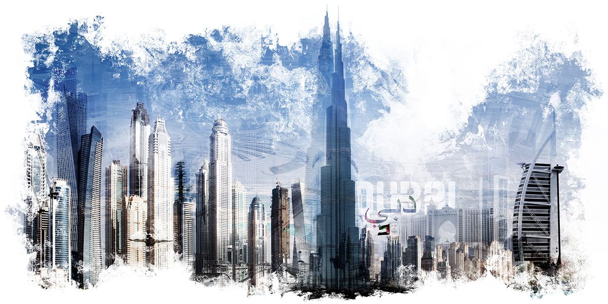 Jörg Conrad Fotografie Composing Dubai Skyline mit blauem Himmel und weißer Traumeffekt 