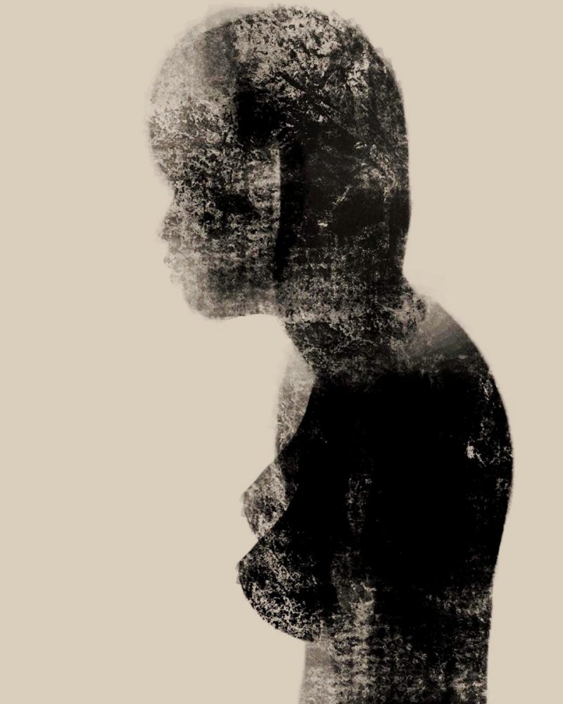 Zoko dibujo digital retrato abstracto mujer desnuda sin pelo de perfil