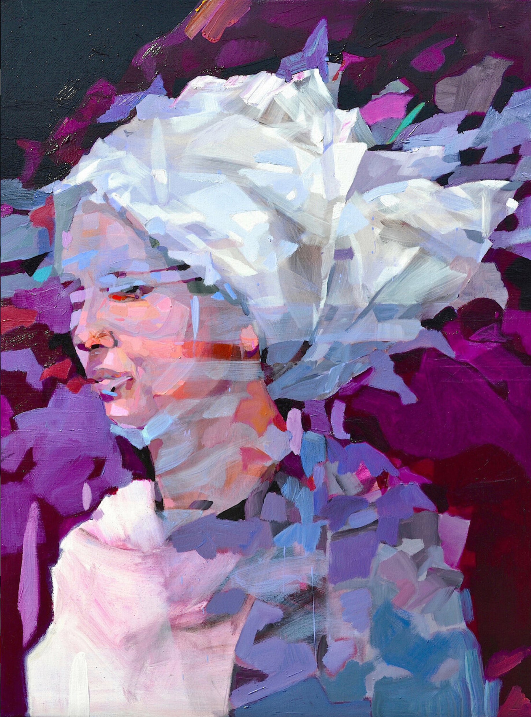 Melinda Matyas ist eine ungarische Malerin mit Sitz in London. Ihr Figuratives/semi abstraktes Frauenporträtbilder "The wind blows where it wants" dominieren die Farben Violett und Blau.