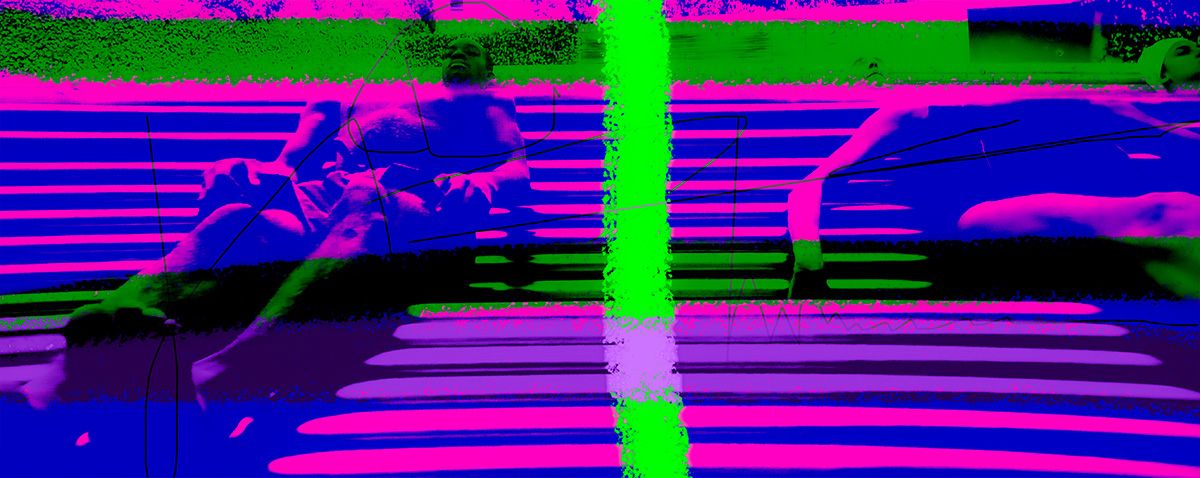 Martina Chardin abstrakte Fotografie sitzende person Überlagerung mit neon Farben Interferenzen Verzerrungen