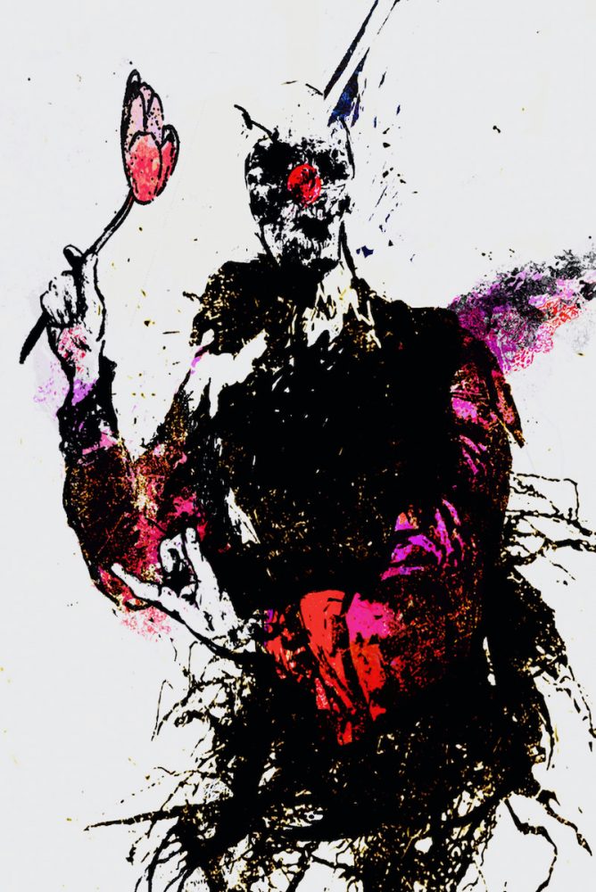 Klaus Heckhoff abstrakte Malerei illustration großer Mann mit Blume in der Hand
