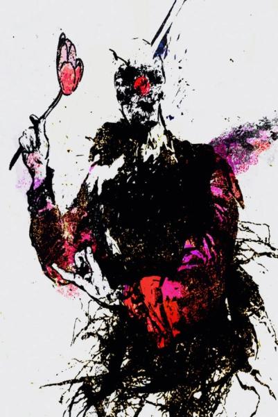 Klaus Heckhoff abstract painting illustration tall man with flower in hand