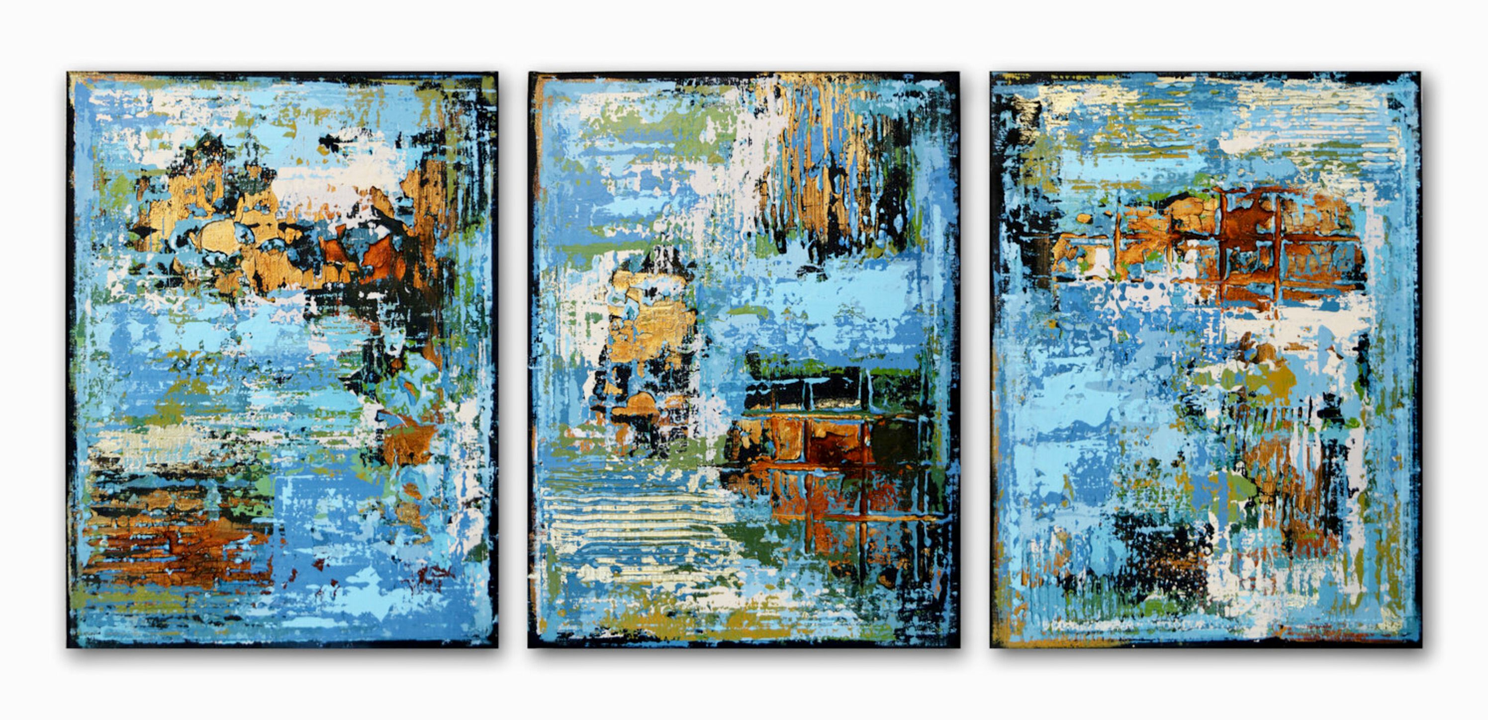 El cuadro abstracto "SINFONÍA DE MEDIANOCHE" de Inez Froehlich consta de 3 partes de 110 x 80 cm. Los colores dominantes son el azul, el turquesa, el blanco, el óxido y el dorado. El estilo del cuadro es shabby chic, estilo industrial, vintage, retro, interior bohemio.
