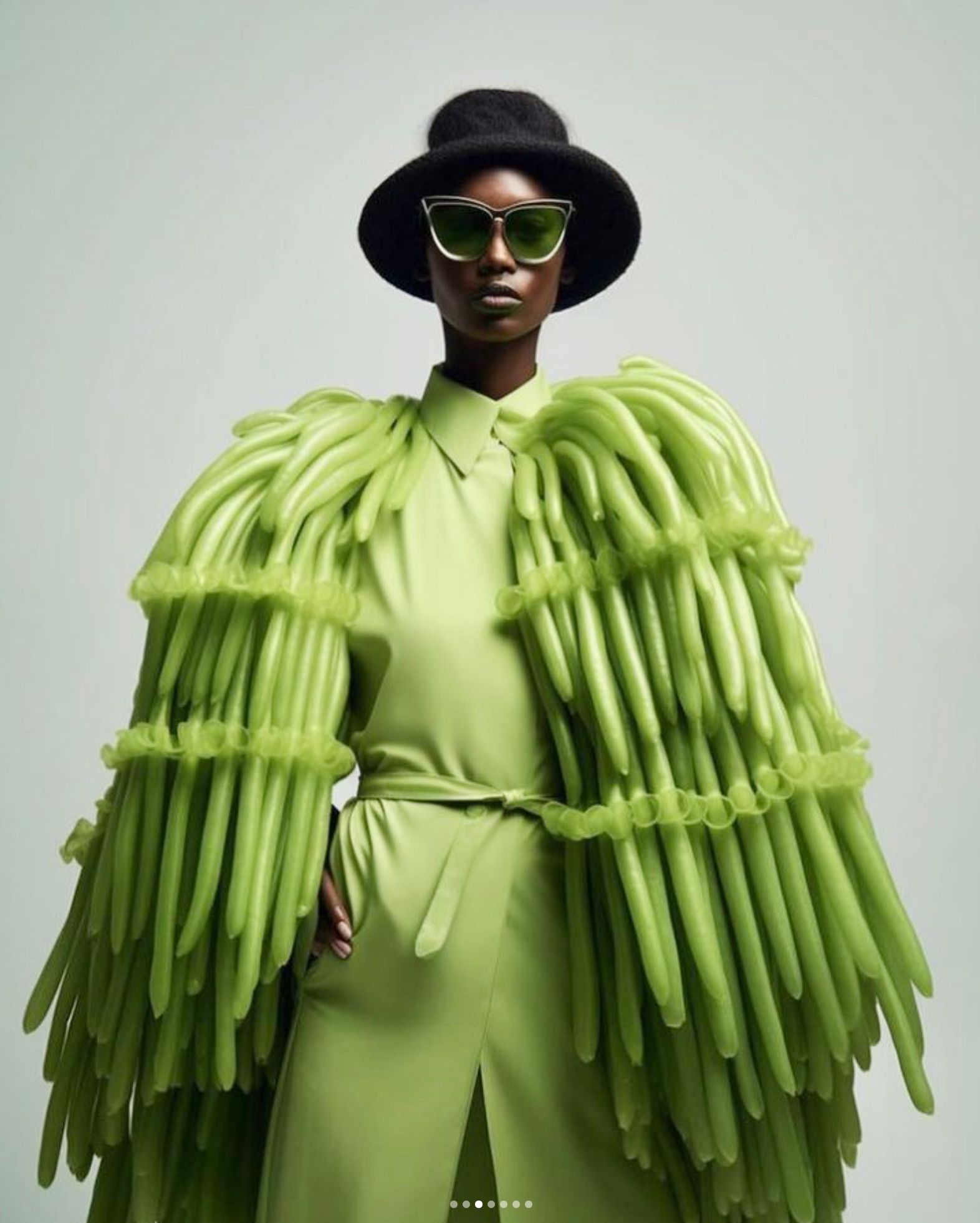 Bonny Carrera's AI-generated portrait image ‘Asparagus Fashion’ shows a woman of colour wearing an asparagus outfit.