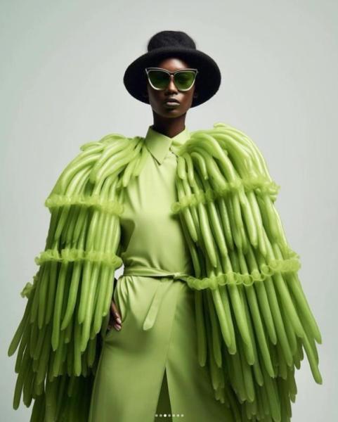 Bonny Carrera's KI generiertes Porträtbild "Asparagus Fashion" zeigt eine farbige Frau, mit einem Spargel Outfit.