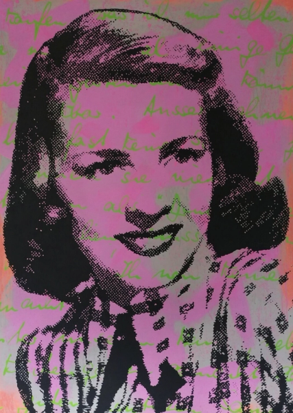 Holger Zimmermann's "Dorothy" farbenfrohe Pop-Art Porträt einer Frau mit digitalen Überlagerungen.