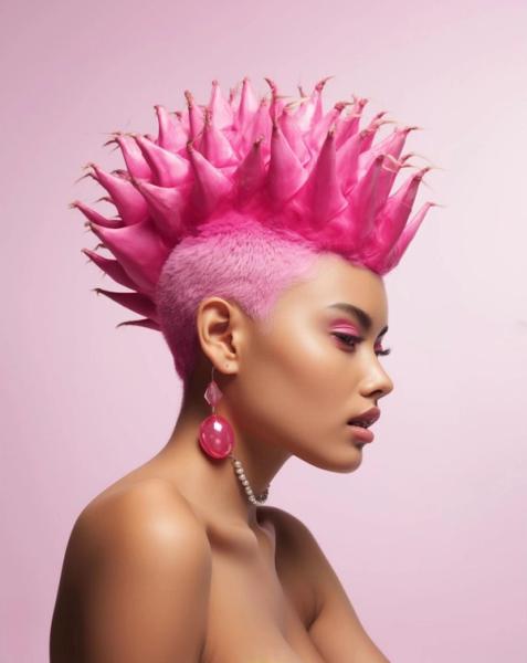Bonny Carrera's KI generiertes Porträtbild "Dragen fruit" zeigt eine junge Frau mit pink farbigen Haaren.
