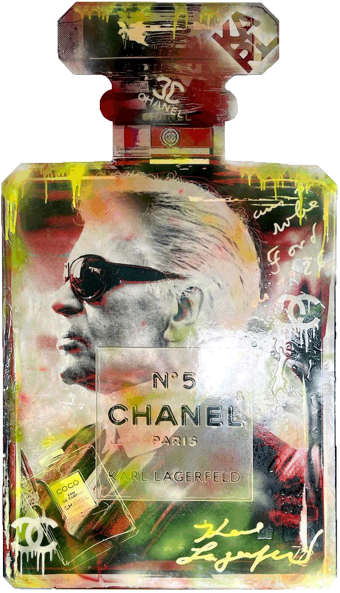 Nathali von Kretschmann Collage bottiglia di profumo Chanel No 5 e ritratto di Karl Lagerfeld con occhiali da sole