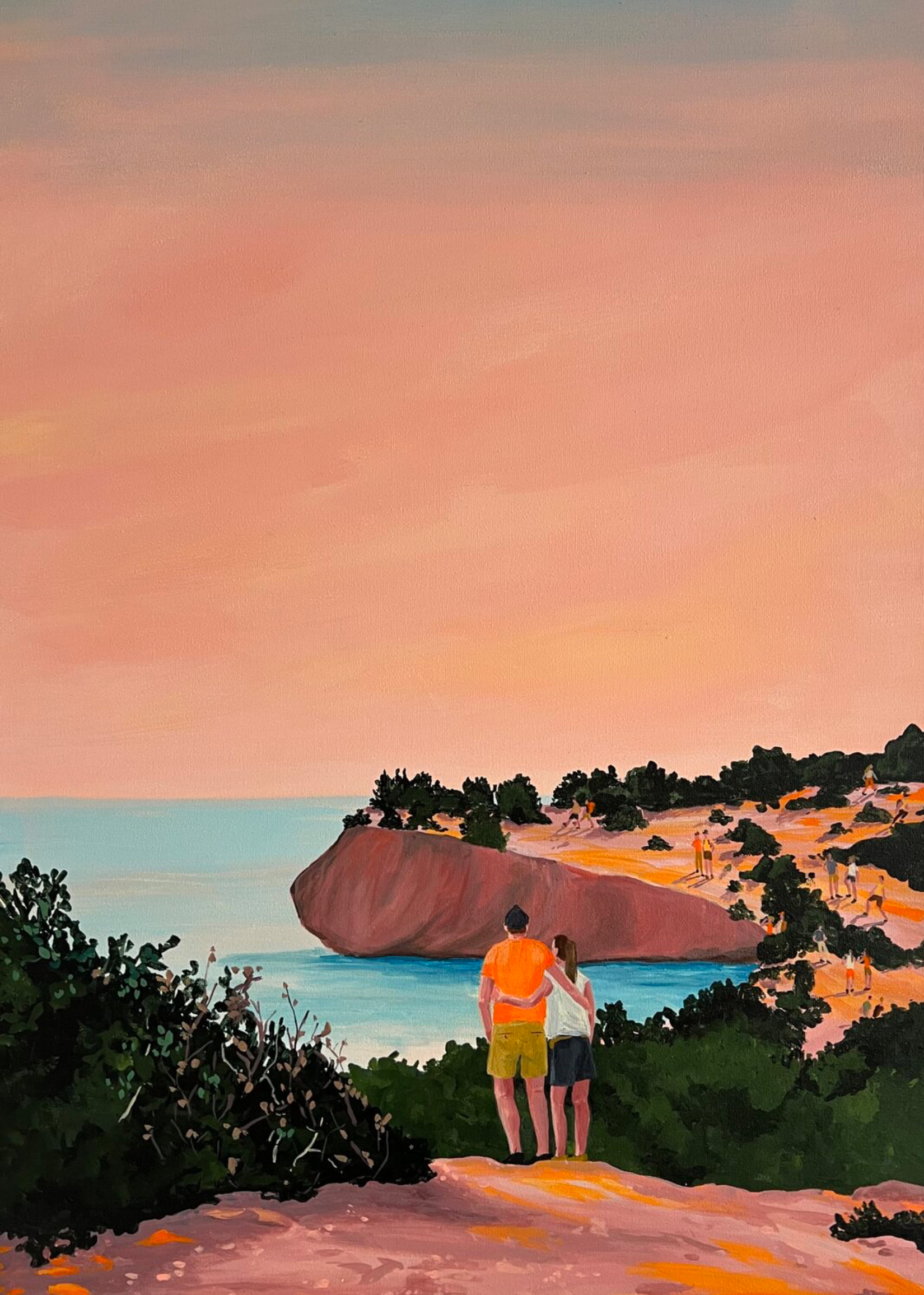 Vanessa van Meerhaeghe ist eine in Brüssel ansässige Malerin. Ihr Gemälde "Meet me halfway" zeigt eine atemberaubende Abendszene entlang der Küste, gemalt in wunderschönen Pfirsichtönen