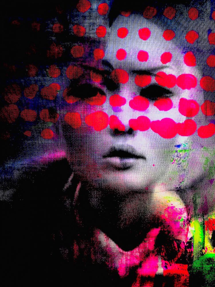 Manfred Vogelsänger abstrakte Fotografie Überlagerung schwarzweiß Portrait Asiatische Frau mit pinken Punkten und Formen