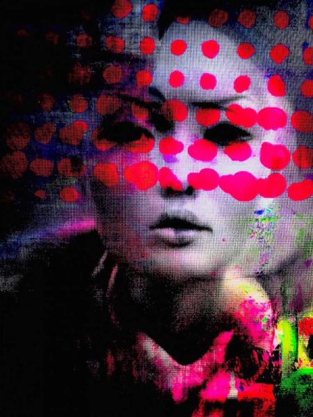 Manfred Vogelsänger abstract photography overlay black and white portrait Asian woman with pink dots and shapes