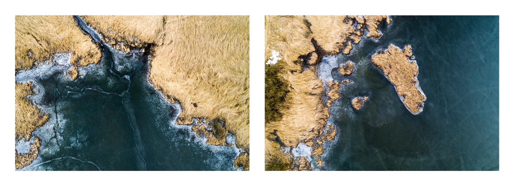 Stefan Kuhn's "Lakeshore Operations / Winter Serie #5" Drohnen Fotografie zeigt ein Seeufer mit 2 Motiven in einem Bild.