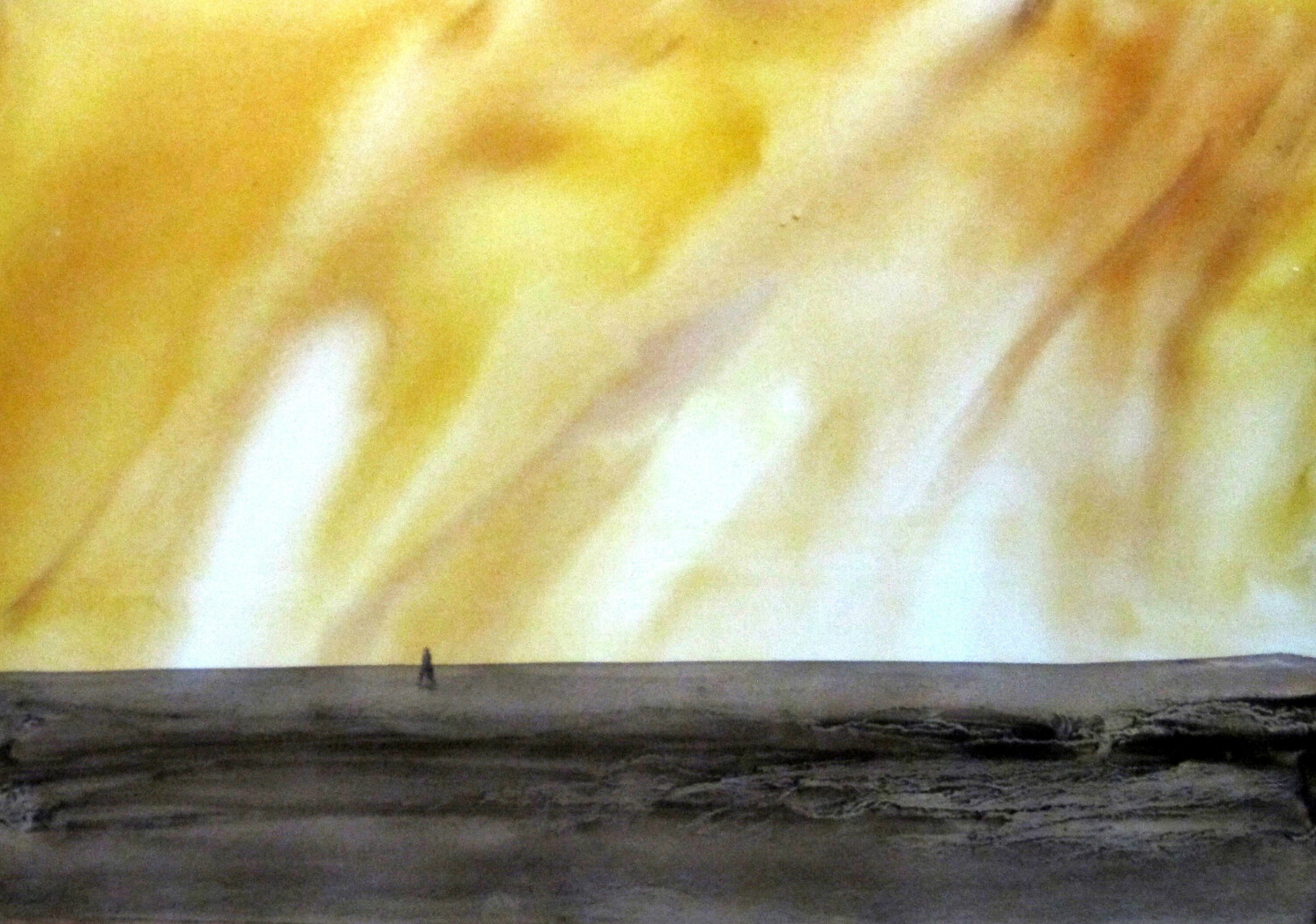 Le "Chemin aride" de Sylvia Baldeva présente un paysage peint à l'aquarelle. Paysage, ciel et terre, lumière, chaleur, silhouette, symbolisme. Aquarelle sur papier Canson®. Couleur jaune, gris, noir.
