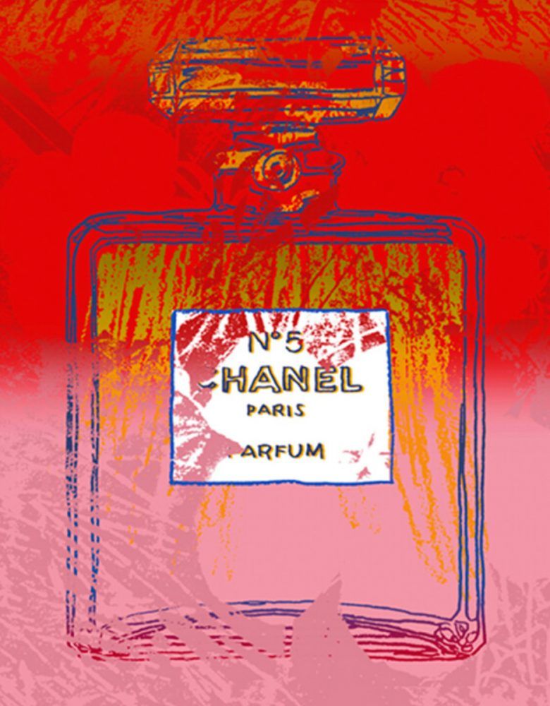 Jürgen Kuhl的抽象插图丝印香奈儿5号，叠加红色粉色渐变背景。