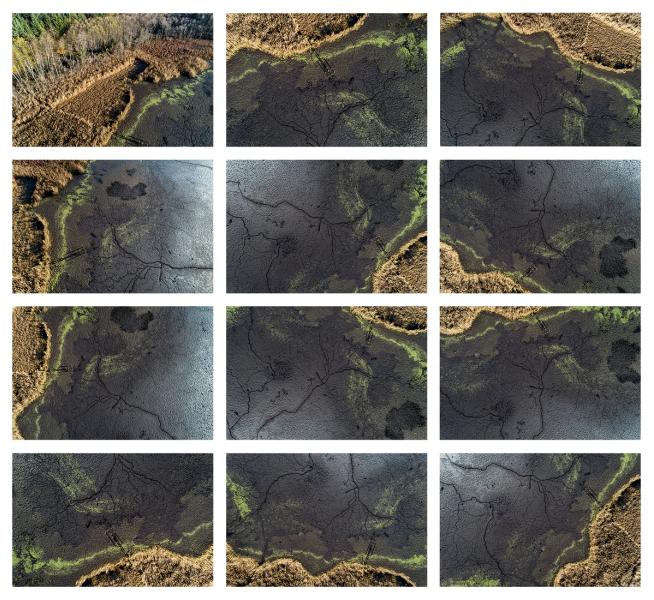 Stefan Kuhn's "Lakeshore Operations / Ground Level Serie #09" Drohnen Fotografie zeigt ein Seeufer mit 12 Motiven in einem Bild.
